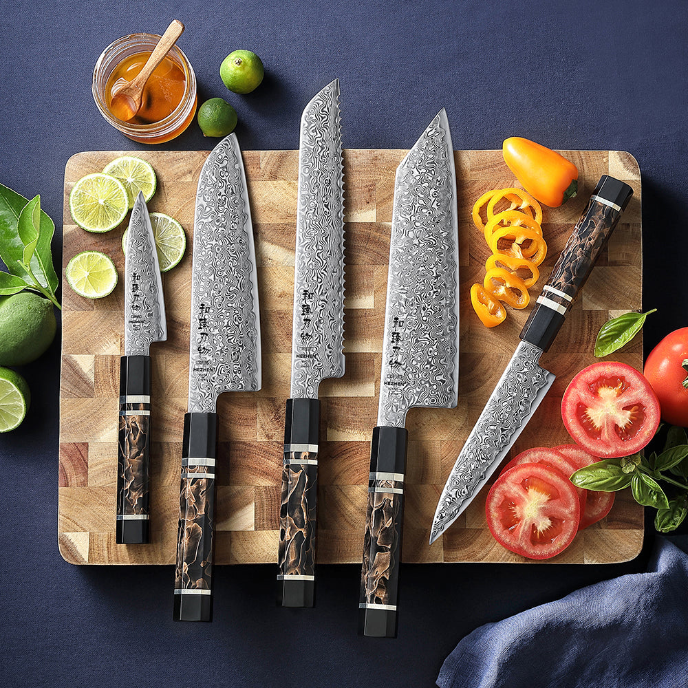 HEZHEN 5-Piece Damascus Knife Set – Paring, Utility, Santoku, Bunka & Bread Knife, 49-Layer ZDP-189 Steel,  Gift Box