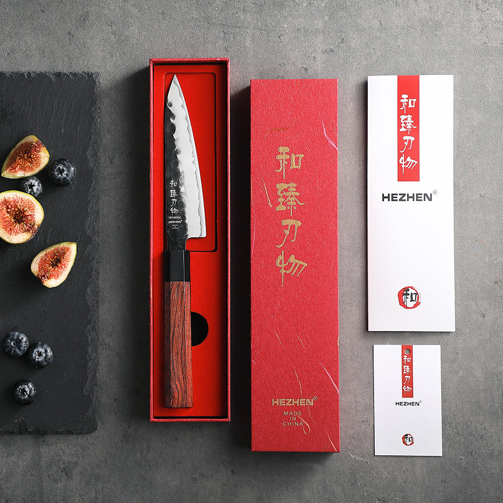 HEZHEN 6 Inches Multipurpose Knife,3 Layers Composite Steel,Stone Washed Frosted Finish,Octagonal Red Wood Handle