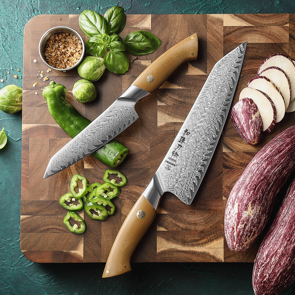 HEZHEN 2 Piece Damascus Kitchen Knife Set, 67-Layer 10Cr15CoMoV Steel Core,Chef Knife & Utility Knife Combo, Linen Micarta Handle for Meat Vegetable Fruit Prep