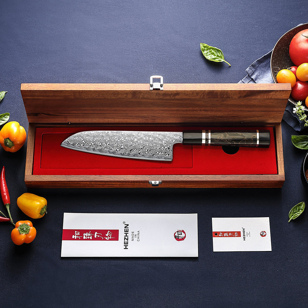 HEZHEN 7.1 Inch Japanese Santoku Knife, 49-Layer Damascus Steel, Hitachi ZDP-189 Powder Steel Core, Luxury Gift Box