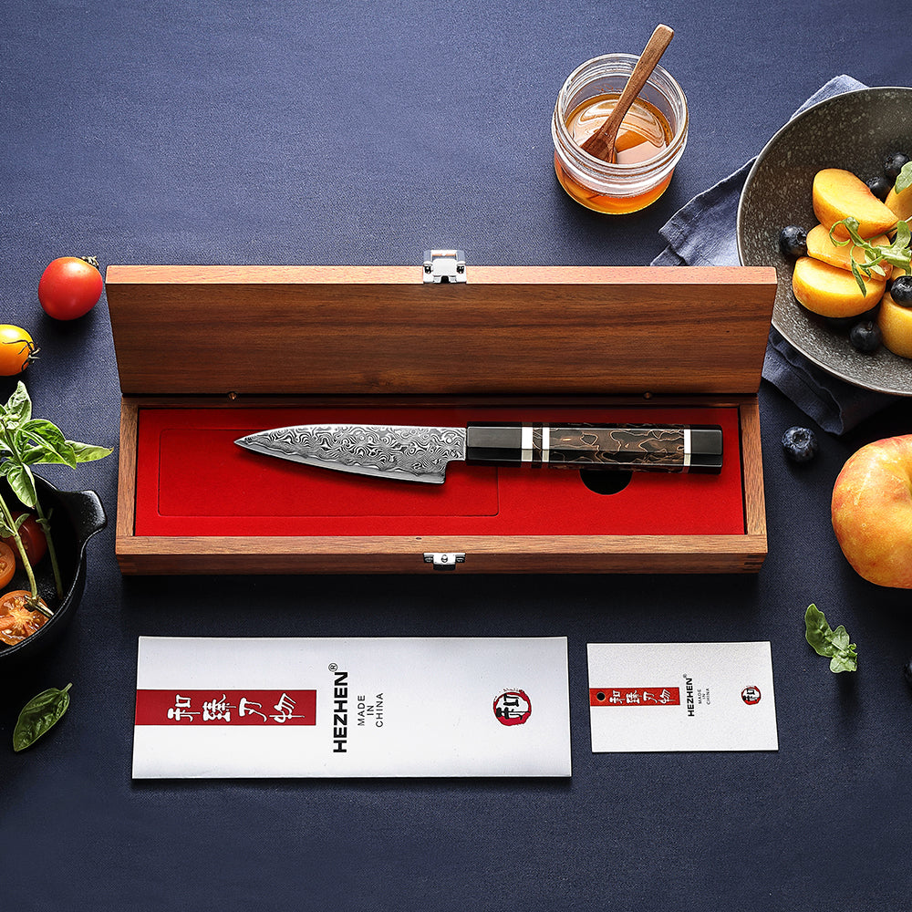 HEZHEN 4.1-Inch Paring Knife – 49-Layer ZDP-189 Damascus Steel, Core Hardness 65-67 HRC, Small Fruit Knife
