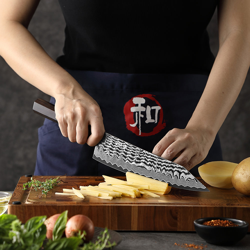 HEZHEN 9.5 Inch  Professional Bunka Knife, 67 Layers Damascus Super Steel, Handcrafted Wave Hammered Pattern