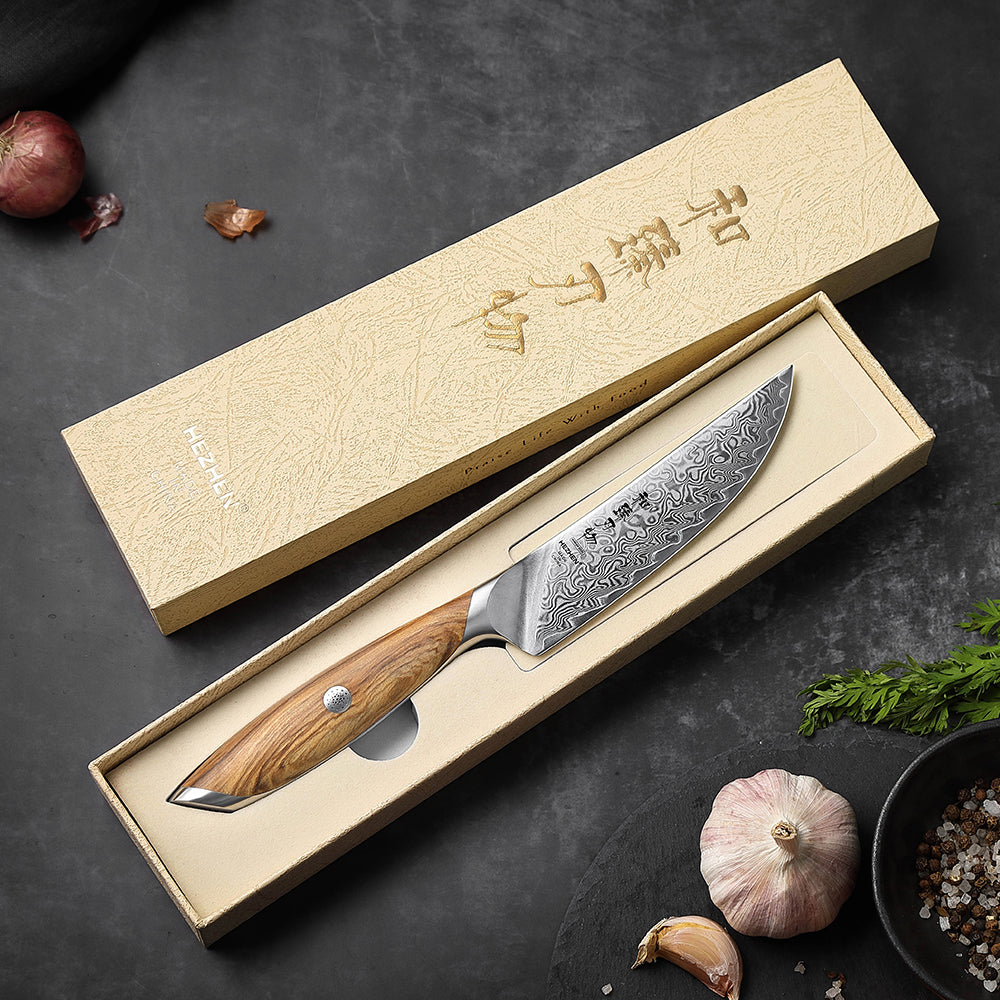 HEZHEN Premium 73-Layer Damascus Steel Steak Knife,ith Ergonomic Olive Wood Handle – Razor-Sharp 15° Edge