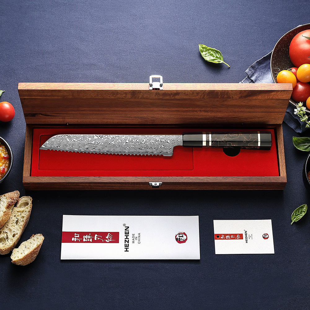 HEZHEN 8.3 Inch Serrated Bread Knife 49-Layer Hitachi ZDP-189 Damascus Steel, Japanese Octagonal Ergonomic Resin Handle