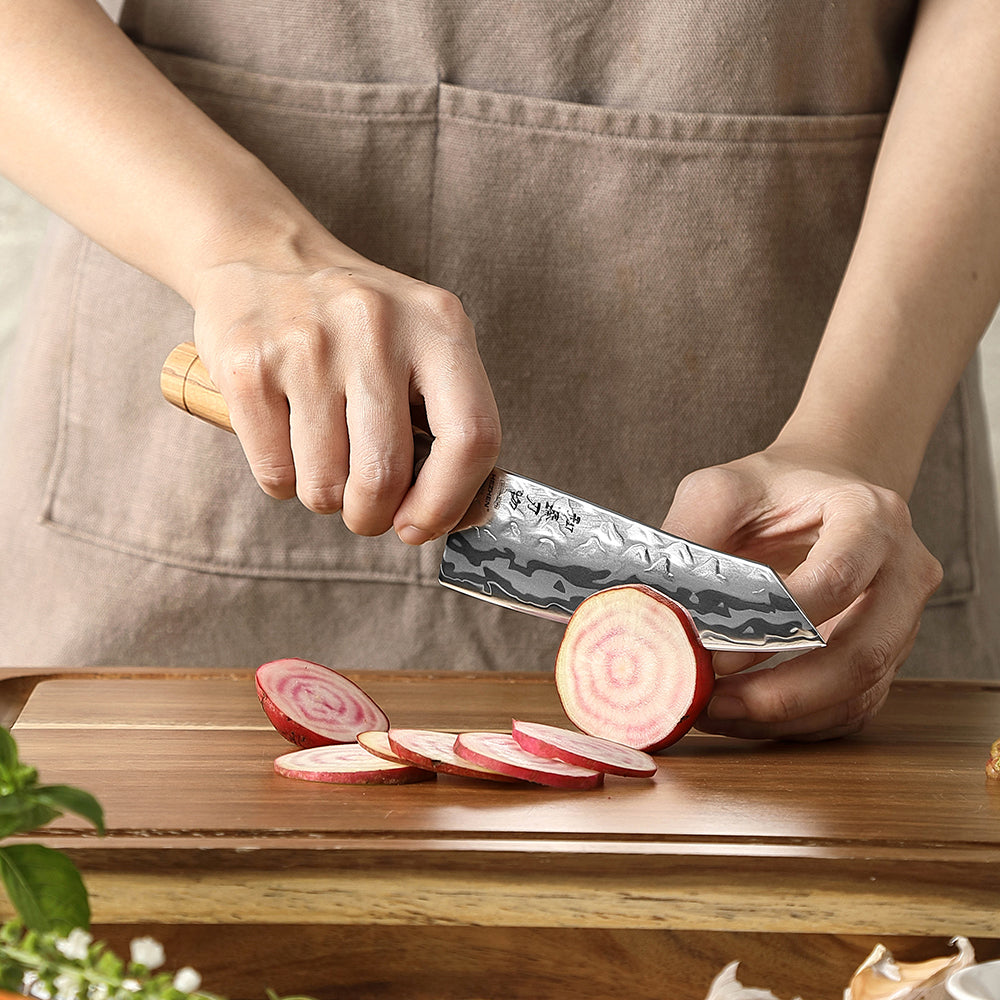HEZHEN Damascus 5.9" Santoku Kitchen Knife, 9-Layer Forged 12Cr18MoV Steel,All-in-One Cutter for Meat, Fish & Vegetables