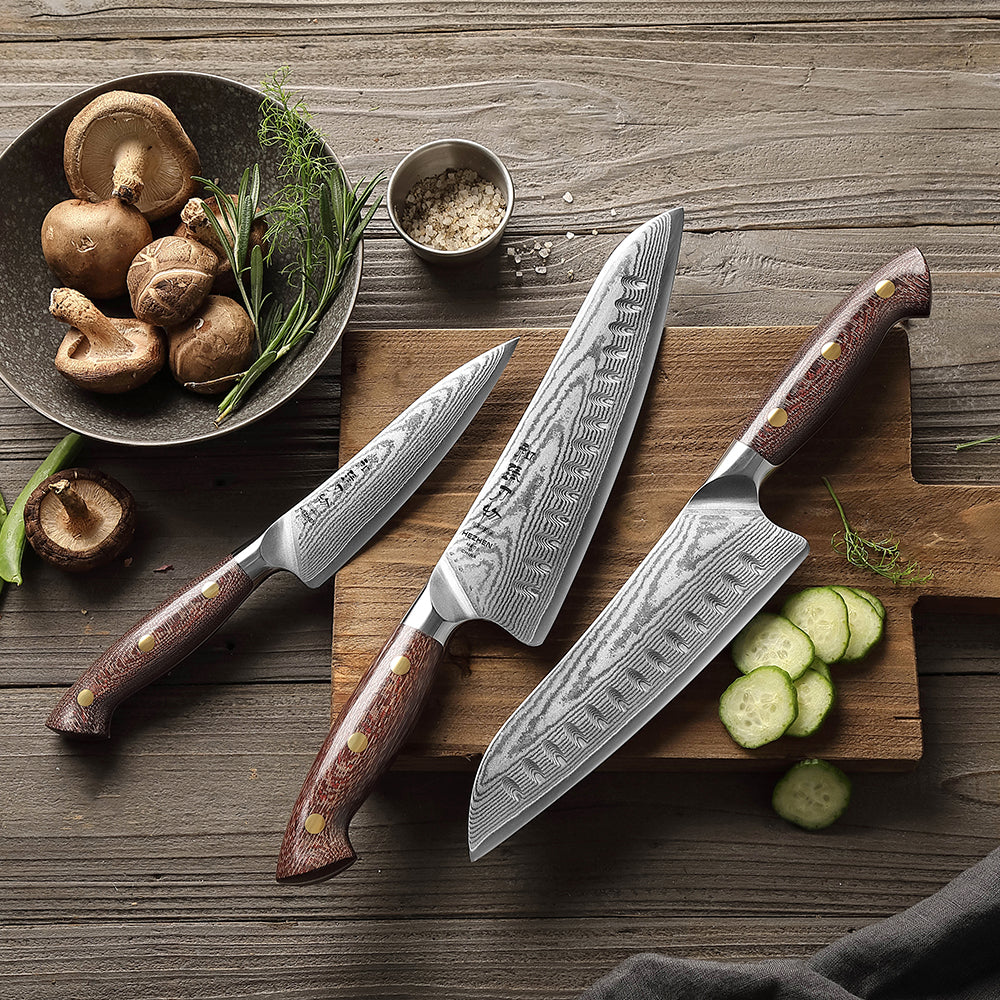 HEZHEN 3PCS Kitchen Knife Set 67-layers Damascus Super Steel,Utility+Santoku+Chef Knife,Hardness 60±2HRC,Ergonomic Micarta Handle