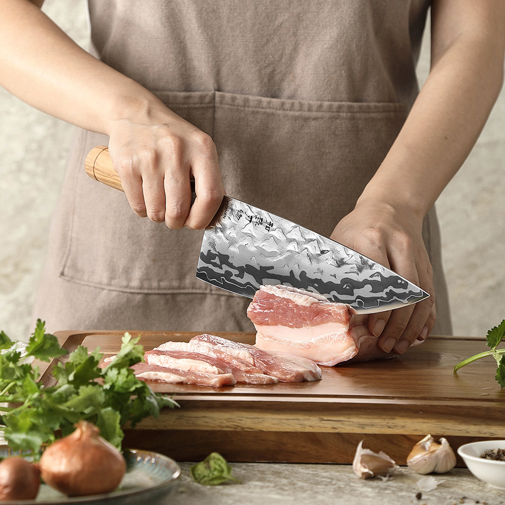 HEZHEN 8.1 Inches Butcher Knife Forged 12Cr18MoV Steel Core,Damascus Steel Blade,Ergonomic Olive Wood Handle,High Hardness Sharp Meat Cutting Knife