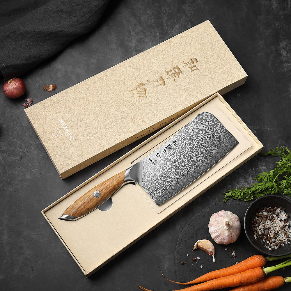 HEZHEN 7 Inches Bone Cleaver Knife, 73 Layers Damascus Powder Steel, Olive Wood Handle, Gift Ready-Flagship Series
