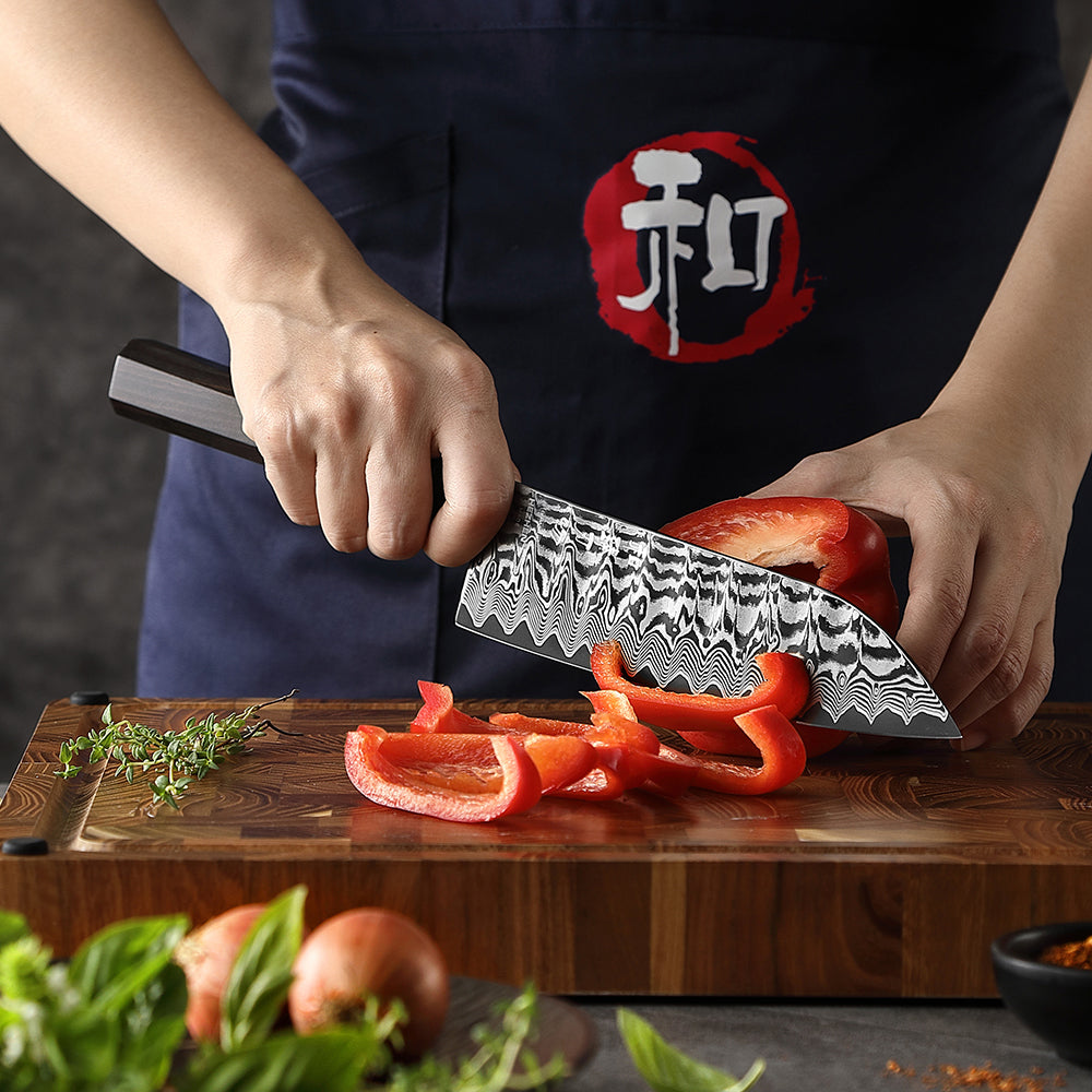 HEZHEN 7.3 Inch Multipurpose Santoku Knife, Hand Forged Damascus Kitchen Knife,15° Precision Edge, Ultra Sharp Balanced Cutting Knife