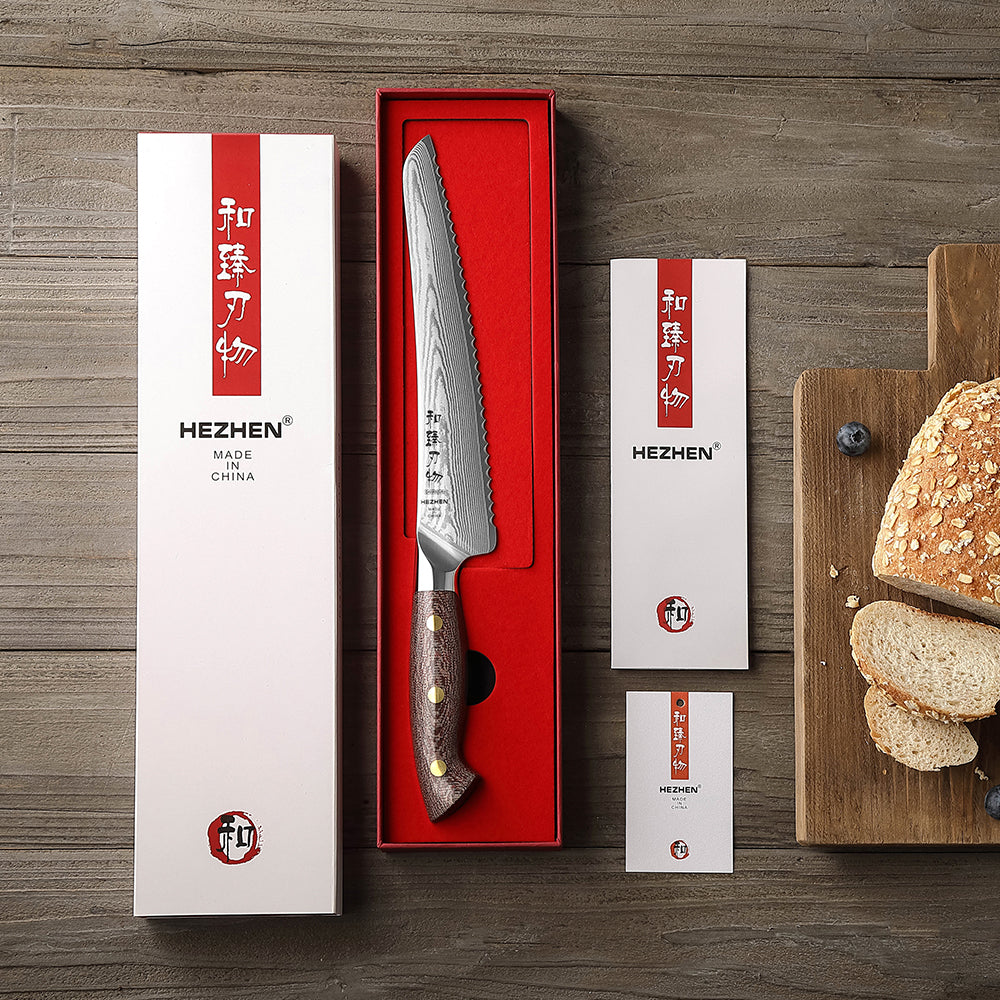 HEZHEN 8.5" 67-Layer Damascus Bread Knife – Core at 60±2HRC, Serrated Edge for Crusty Bread & Cakes, Ergonomic Micarta Handle