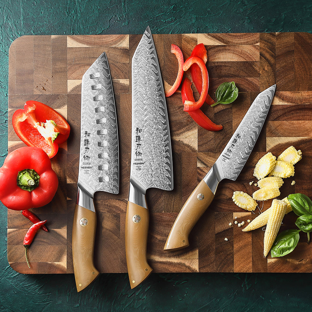 HEZHEN 3PCS Damascus Kitchen Knife Collection, Chef + Santoku + Utility Knives, Complete Home Prep Knife Set, 67-Layer Forged Steel & Linen Micarta Handle