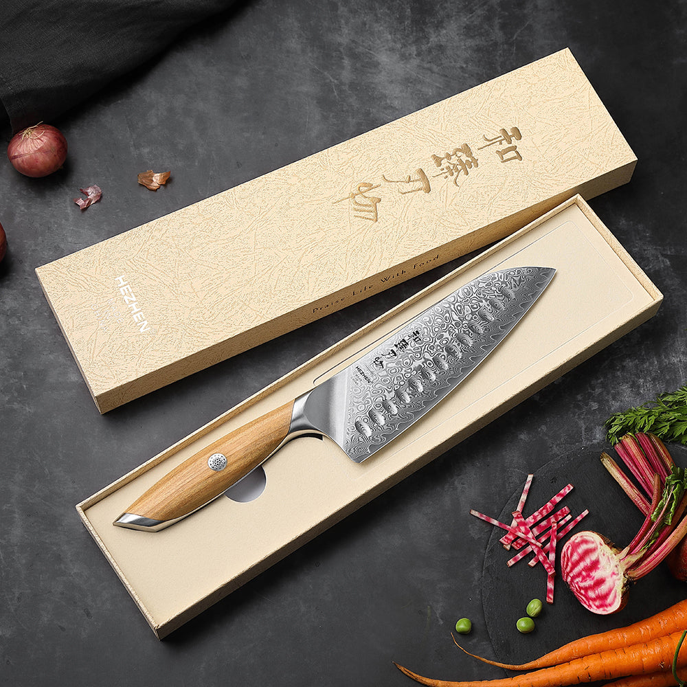 HEZHEN 7.5 Inches Santoku Knife, 73 Layers Damascus Powder Steel, Olive Wood Handle, Gift Ready-Flagship Series