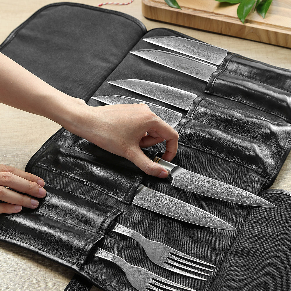 HEZHEN Microfiber Leather + Thickened Canvas  Chef Knife Roll Knife Storage Bag Kitchen Utensils