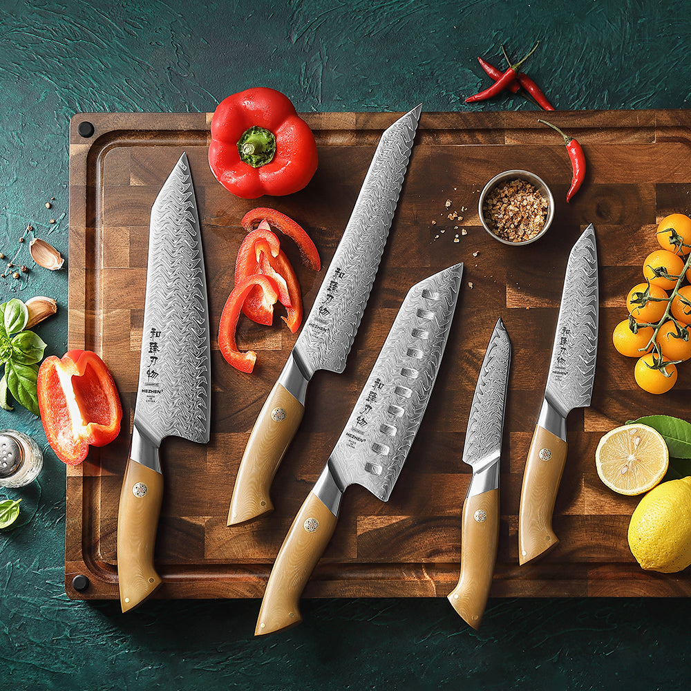 HEZHEN Multi-Scenario 5-in-1 Damascus Knife Set, 67 Layers Damascus Super Steel,Ultra-Sharp Forged Blade Knives for Meat, Vegetable, Fruit and Bread Cutting, Elegant Gift Box Packaging