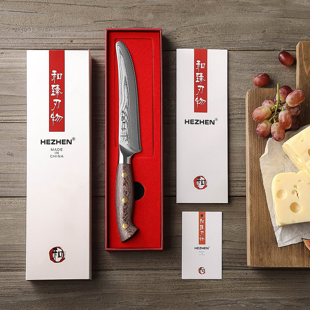 HEZHEN 5.9-Inch High Quality Cheese Knife – 67-Layer Damascus Steel, Perfect for Hard Cheeses, Soft Cheeses, Fruits & Small Vegetables