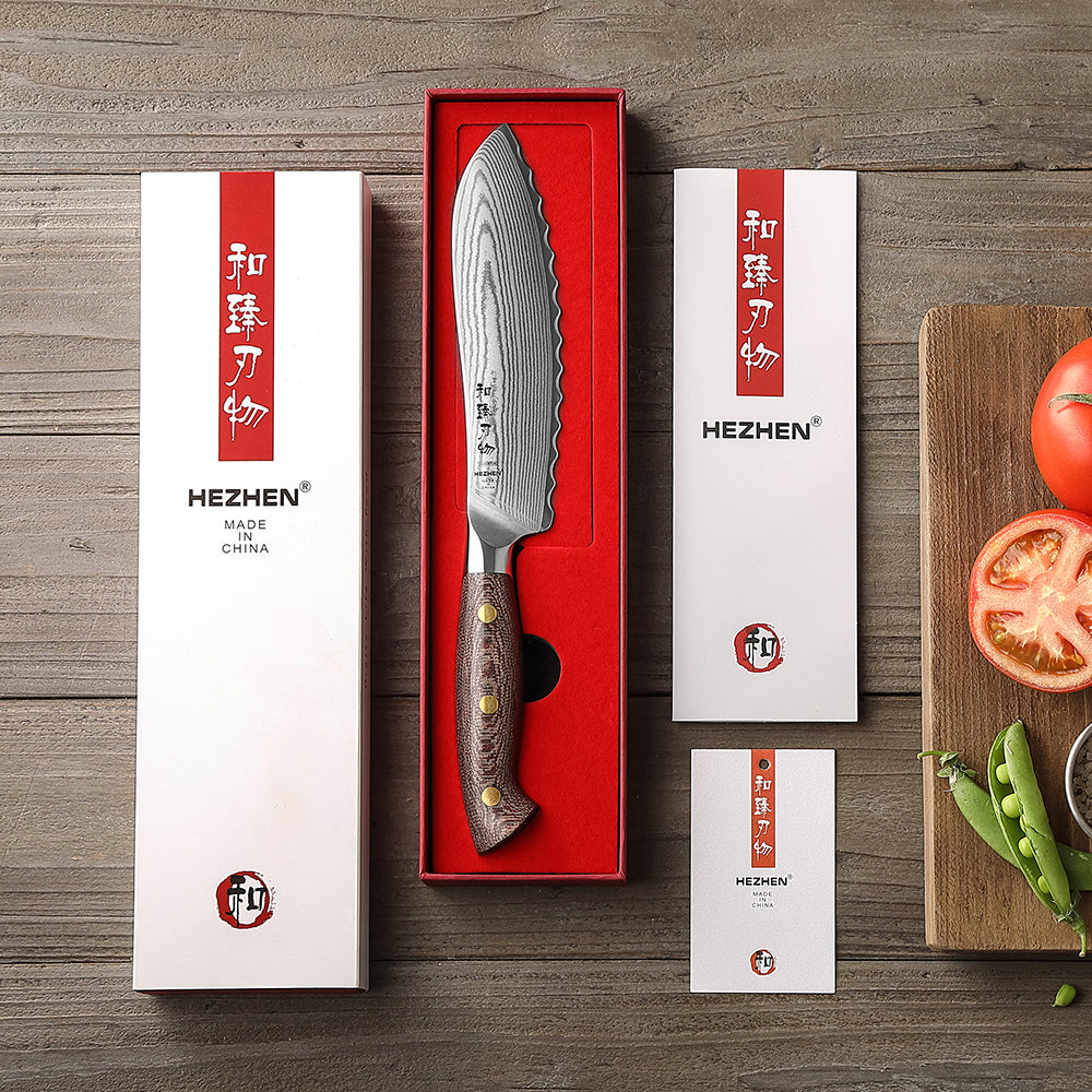 HEZHEN 6.1 Inches Damascus Steel Tomato Knife, 10Cr15CoMoV Steel Core With Micarta Handle,Elegantly Packaged in a Gift Box