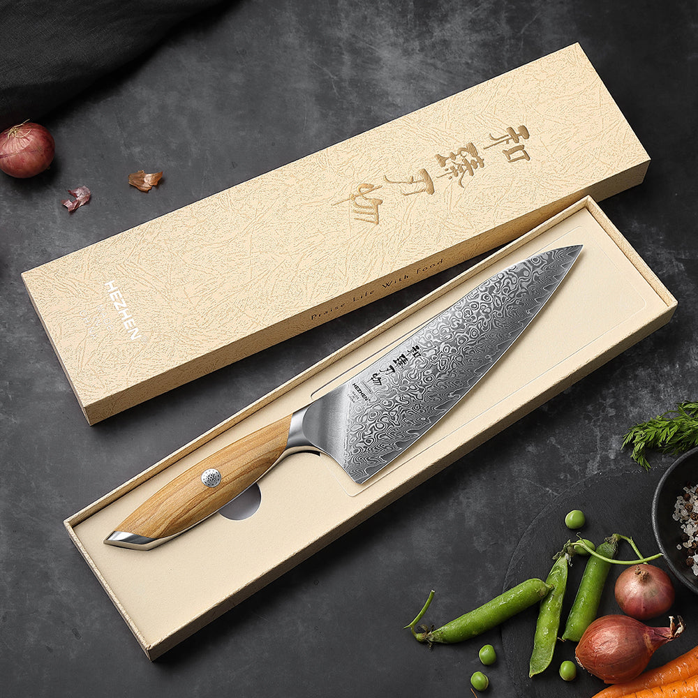 HEZHEN 8 Inches Chef Knife, 73 Layers Damascus Powder Steel, Olive Wood Handle, Gift Ready-Flagship Series
