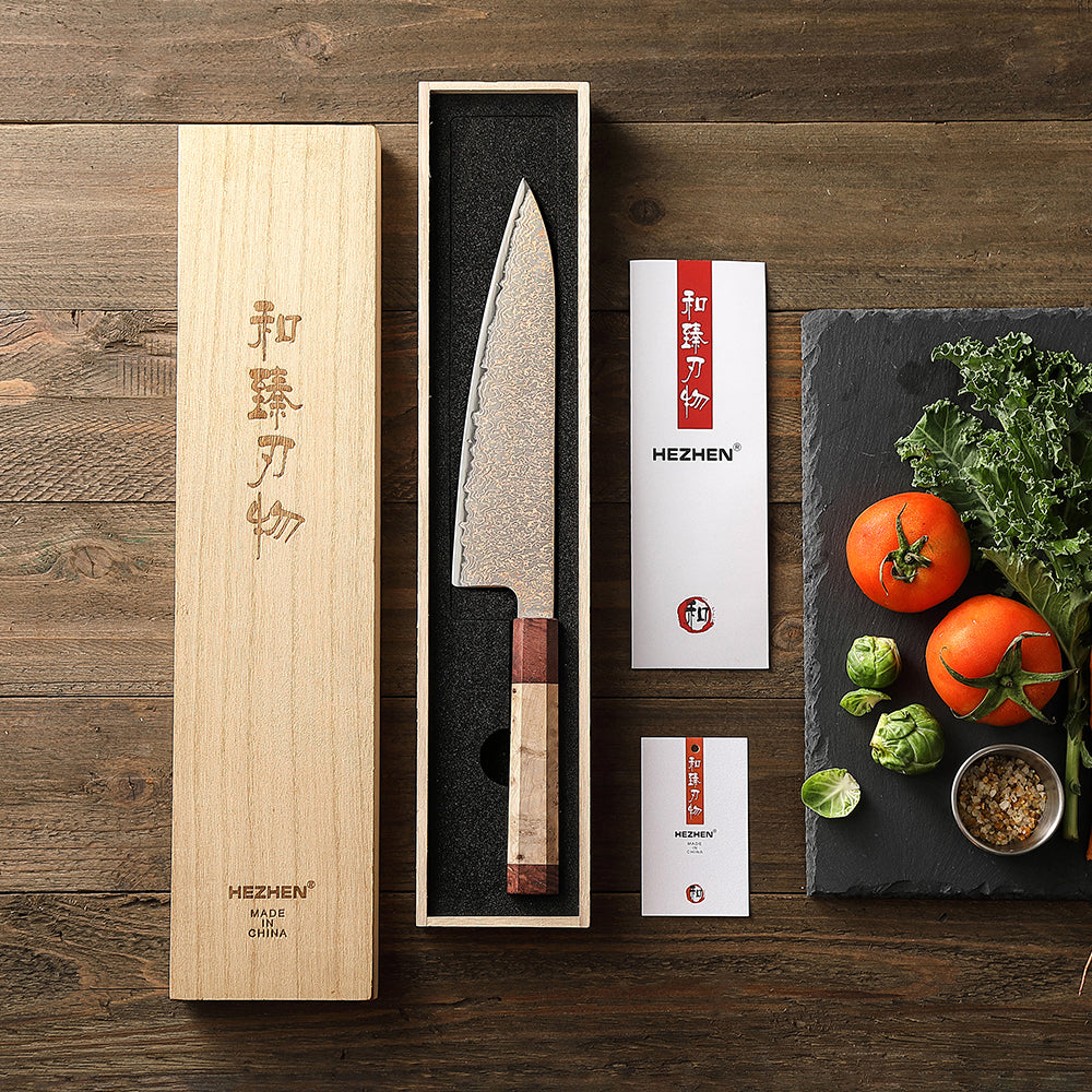 HEZHEN Chef Knife, 37 Tricolor Copper Damascus Steel Kitchen Knife, Professional Cooking Knife with Figured Sycamore Wood + Padauk Burl Wood