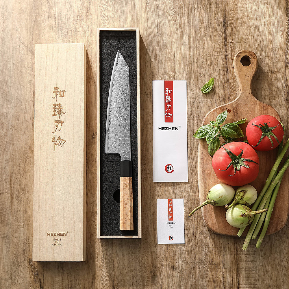 HEZHEN 8.5 Inches Bunka Knife, Blue Steel No.2 Carbon Steel Core Damascus Steel, Figured Sycamore Wood Handle