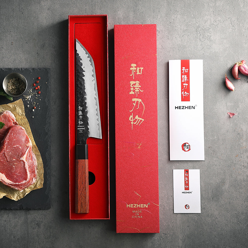 HEZHEN 8.5-Inch Sakimaru Knife Japanese-Style Slicing Knife with 3-Layer Composite Steel,15° Cutting Edge,ORed Wood Handle