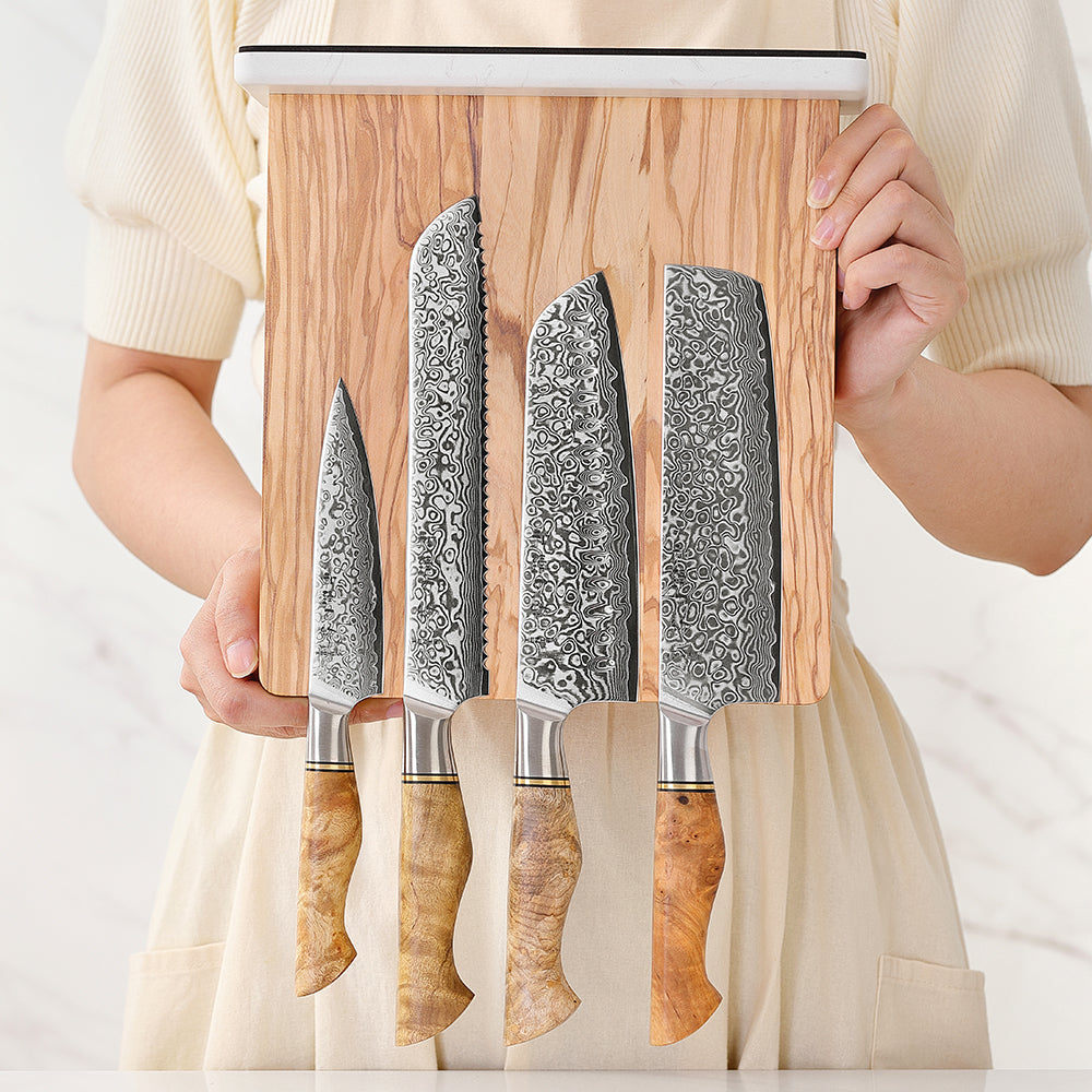 HEZHEN Dual-Side Magnetic Knife Holder | Olive Wood & Marble Base | Raw & Cooked Separation Design
