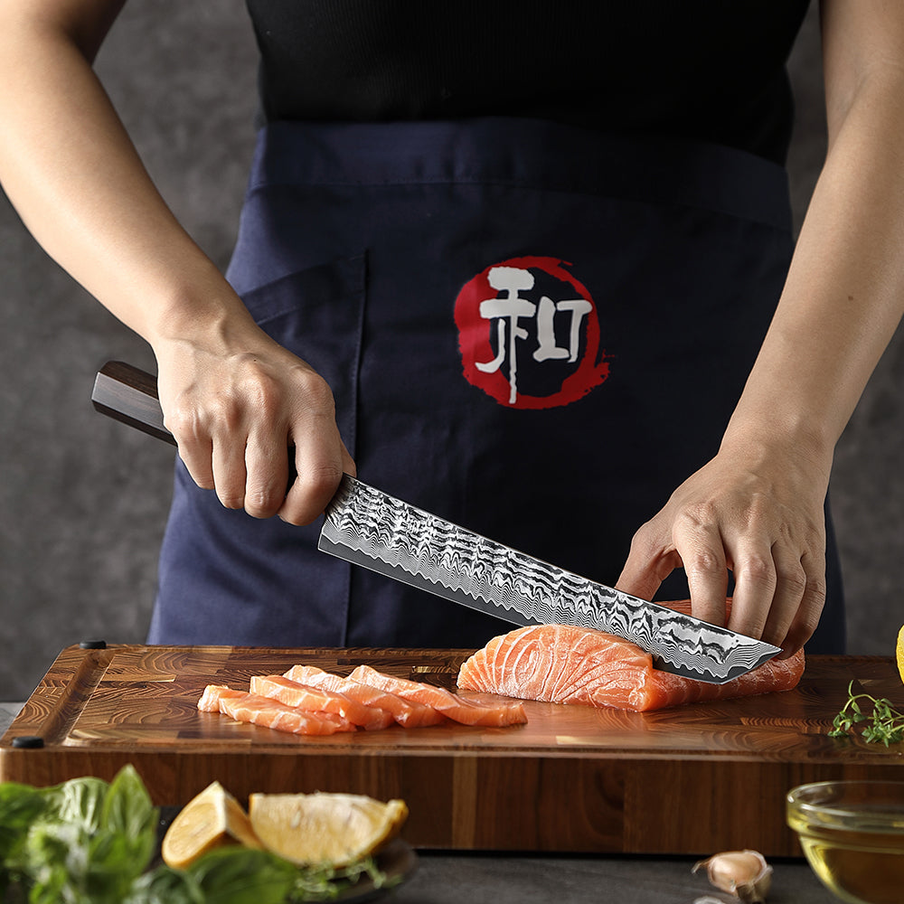 HEZHEN 10 Inch Japanese Sakimaru Knife, 67-layers Damascus Steel, Ergonomic Ebony Wood Handle, Smooth Precision Slicing Kitchen Knife