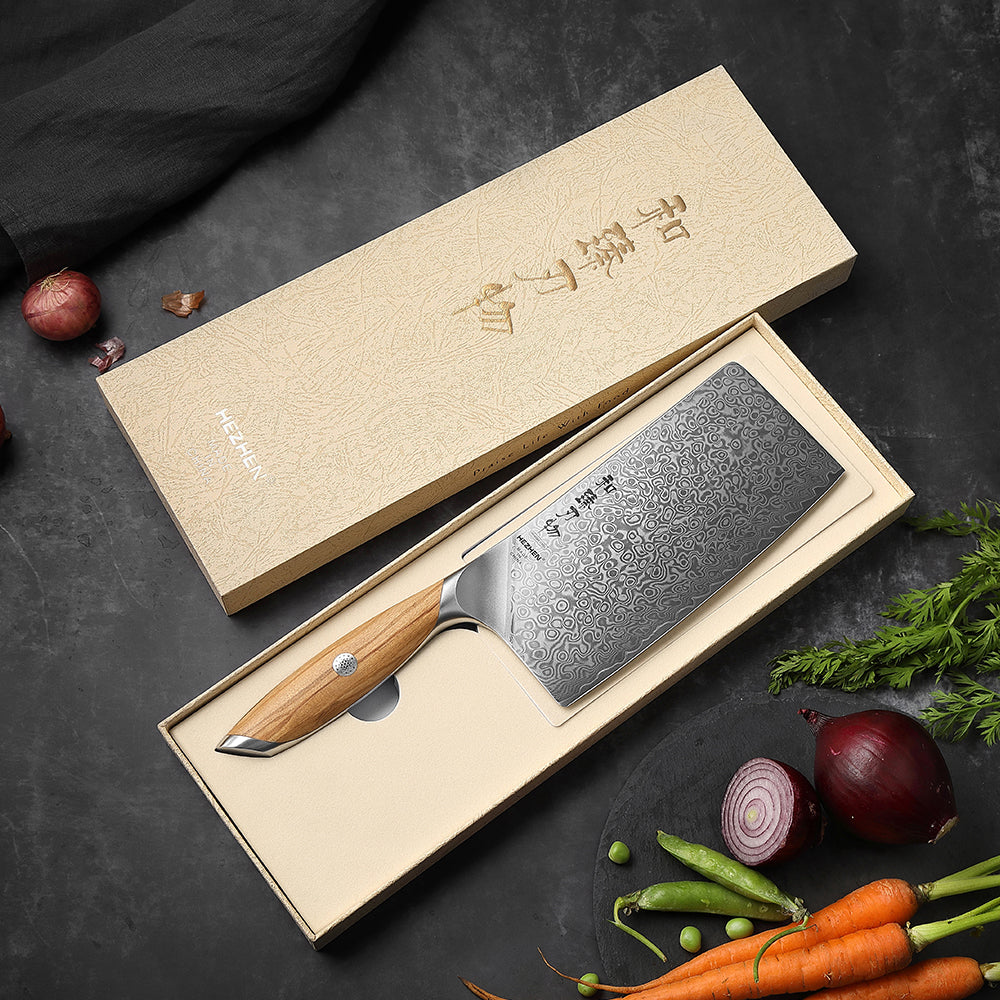 HEZHEN 7 Inches Meat Cleaver Knife, 73 Layers Damascus Powder Steel, Olive Wood Handle, Gift Ready-Flagship Series