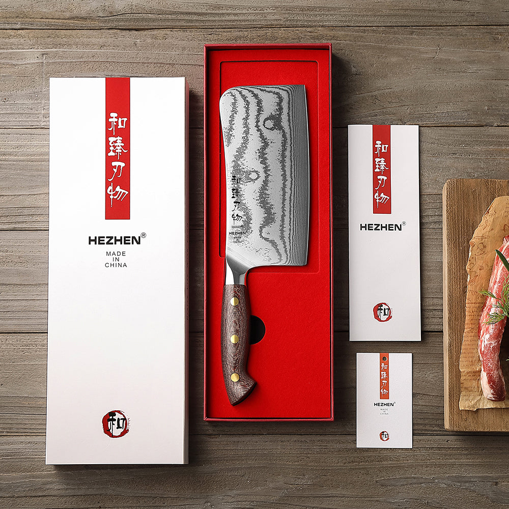 HEZHEN 6.9 Inches 67-Layer Damascus Bone Chopper – 7Cr17MoV Steel, Ergonomic Micarta Handle