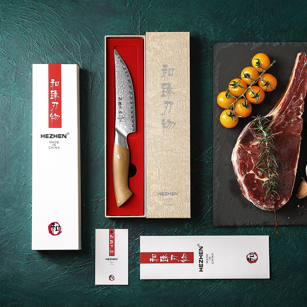 HEZHEN 67-Layer Damascus Steel 5.4”Steak Knife, 10Cr15CoMoV Steel Core Kitchen Knife, Ergonomic Linen Micarta Handle,Multipurpose Cutting Knife for Steak, Fruit, Barbecue