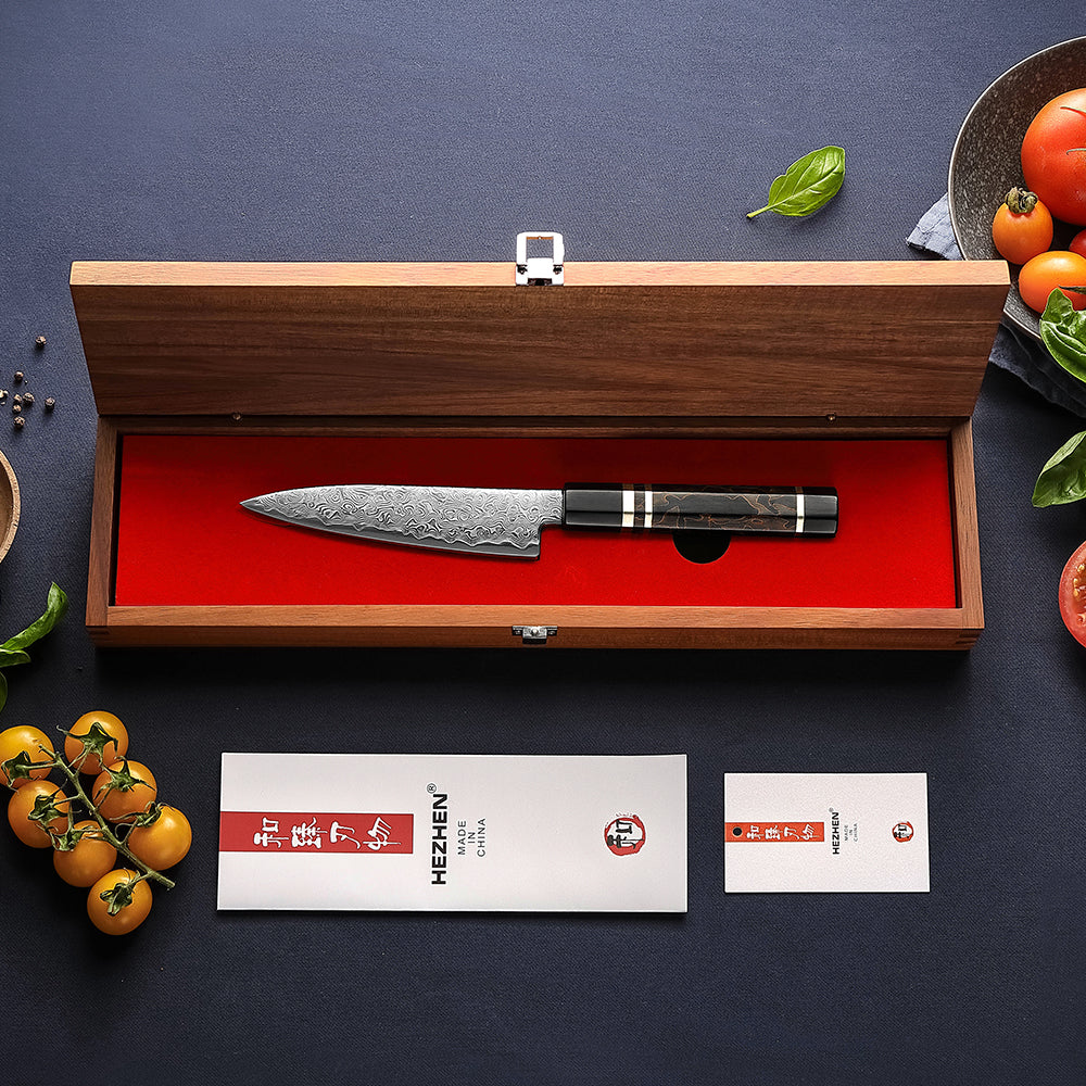 HEZHEN 5.6 Inches Kitchen Utility Knife, 49 Layers Damascus Steel with Japanese ZDP-189 Steel, 65-67 HRC, Japanese Octagonal Handle