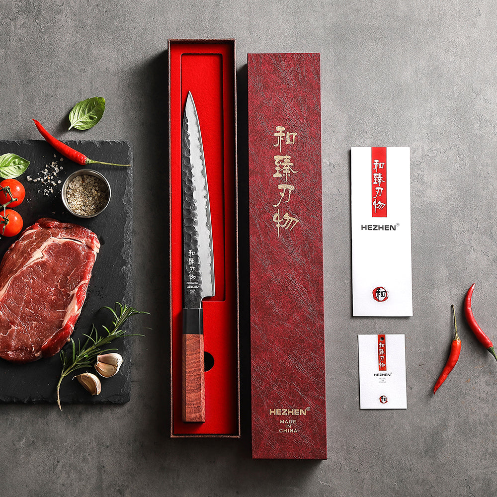 HEZHEN 10 Inches Carving Knife 3 Layers Composite Steel High-hardness Kitchen Knife Red Wood Handle