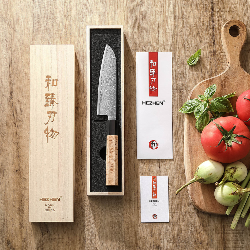 HEZHEN 5.5 Inch Japanese Santoku Knife, Blue Steel No.2 Carbon Steel Core Damascus Blade, Figured Sycamore Wood Handle