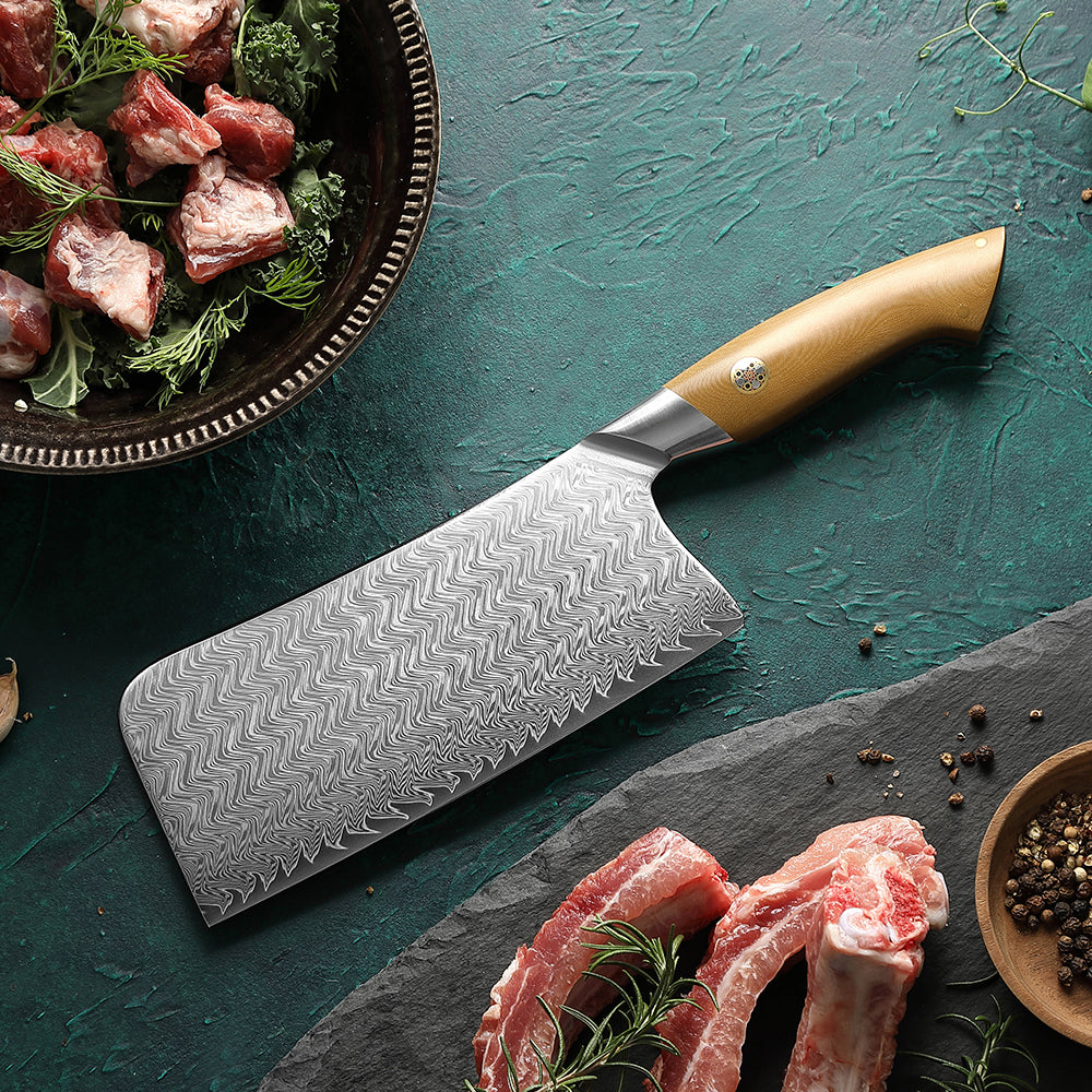 HEZHEN 7 Inches Chinese Bone Choping Knife, 67 Layers Damascus Steel with Linen Micarta Handle, Gift Box Package- B38L Series