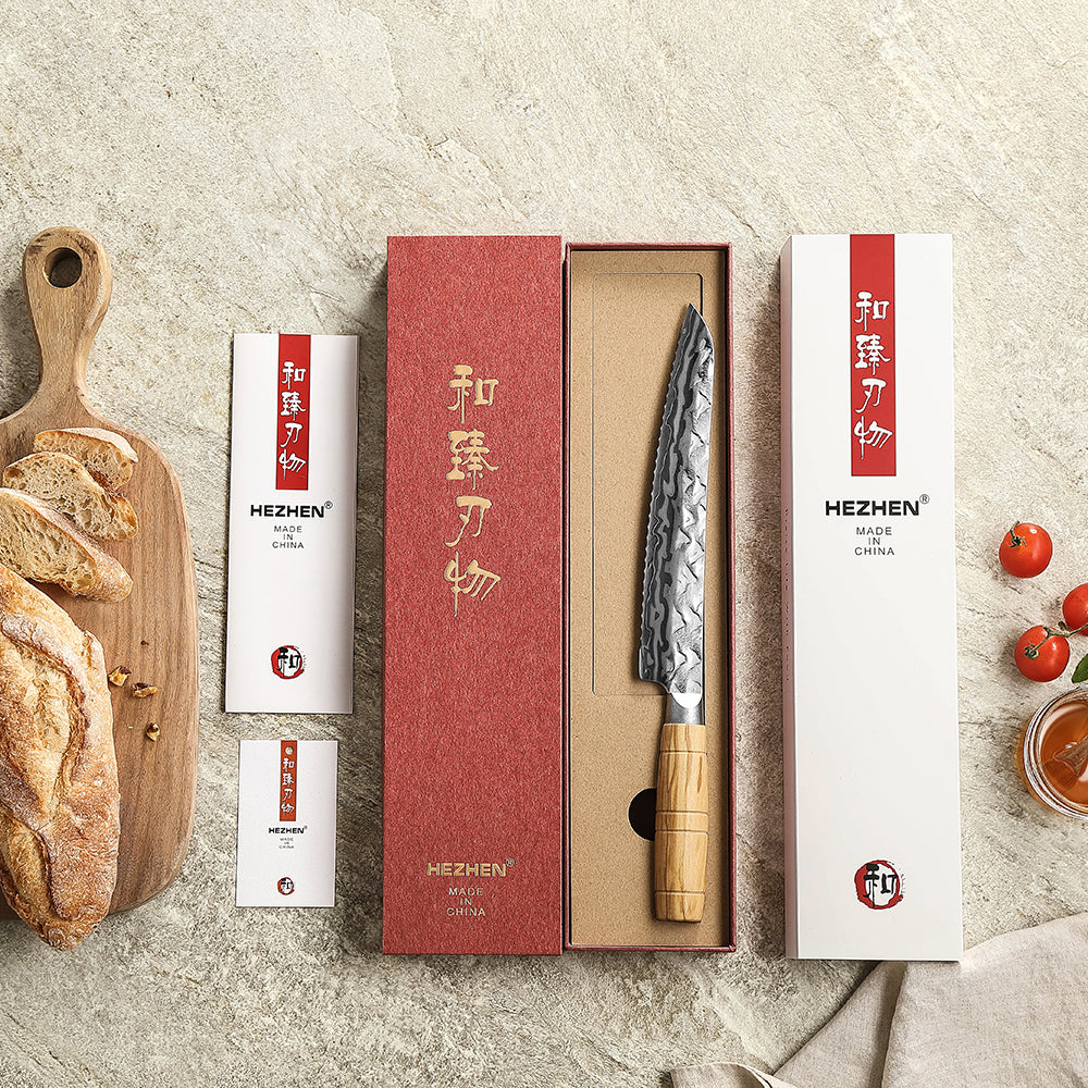 HEZHEN Serrated 9‑Layer Damascus 8.1'Bread Knife – 12Cr18MoV, Effortless Crust‑Cutting & Crumb Protection