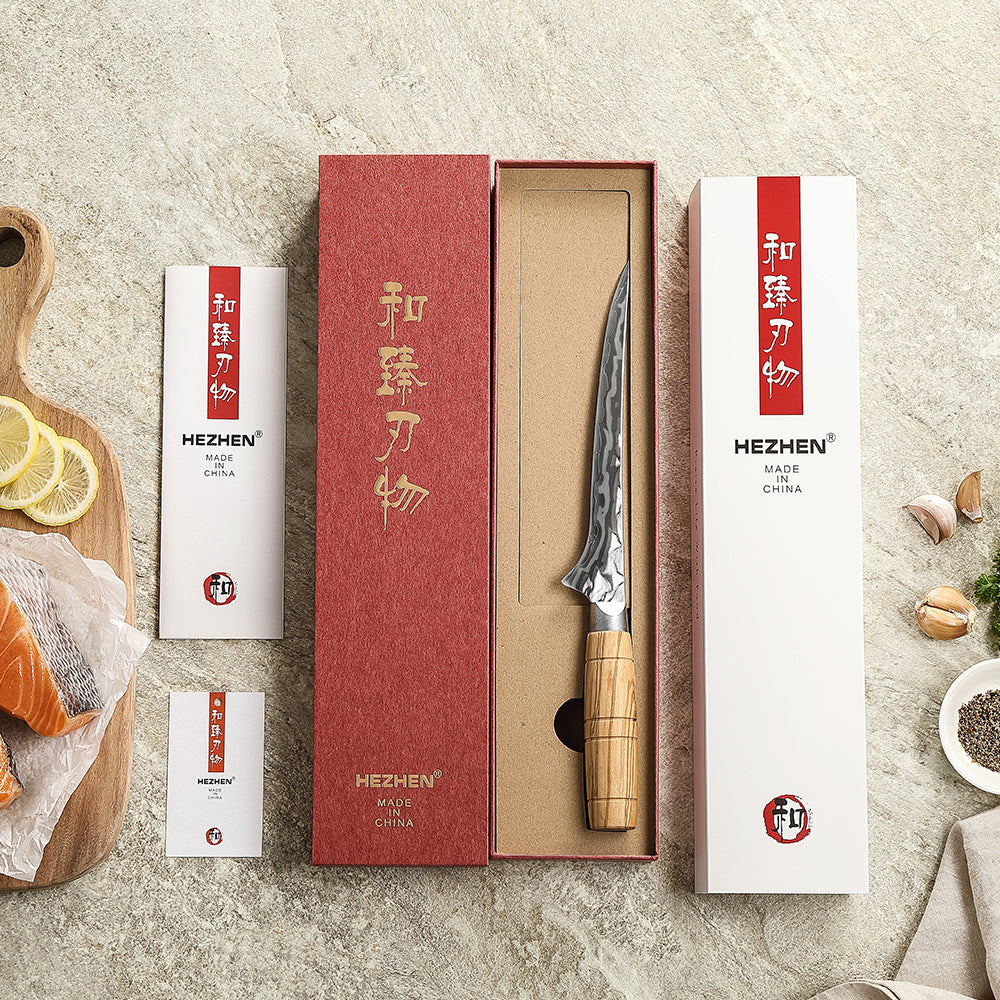 HEZHEN 7.2”Seafood Fillet Knife Professional 9-Layer Damascus,Razor Sharp Blade, Non-Slip Olive Wood Grip for Fish Deboning & Sashimi Cutting