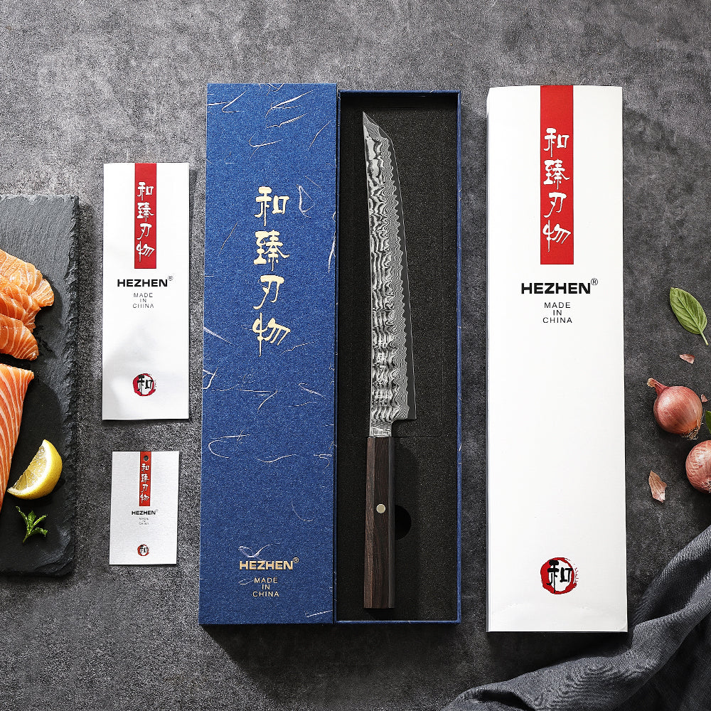 HEZHEN 10 Inch Japanese Sakimaru Knife, 67-layers Damascus Steel, Ergonomic Ebony Wood Handle, Smooth Precision Slicing Kitchen Knife