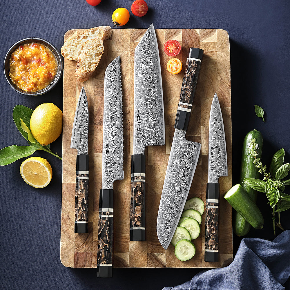 HEZHEN 5-Piece Damascus Knife Set – Paring, Utility, Santoku, Bunka & Bread Knife, 49-Layer ZDP-189 Steel,  Gift Box