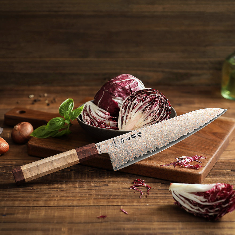 HEZHEN Chef Knife, 37 Tricolor Copper Damascus Steel Kitchen Knife, Professional Cooking Knife with Figured Sycamore Wood + Padauk Burl Wood