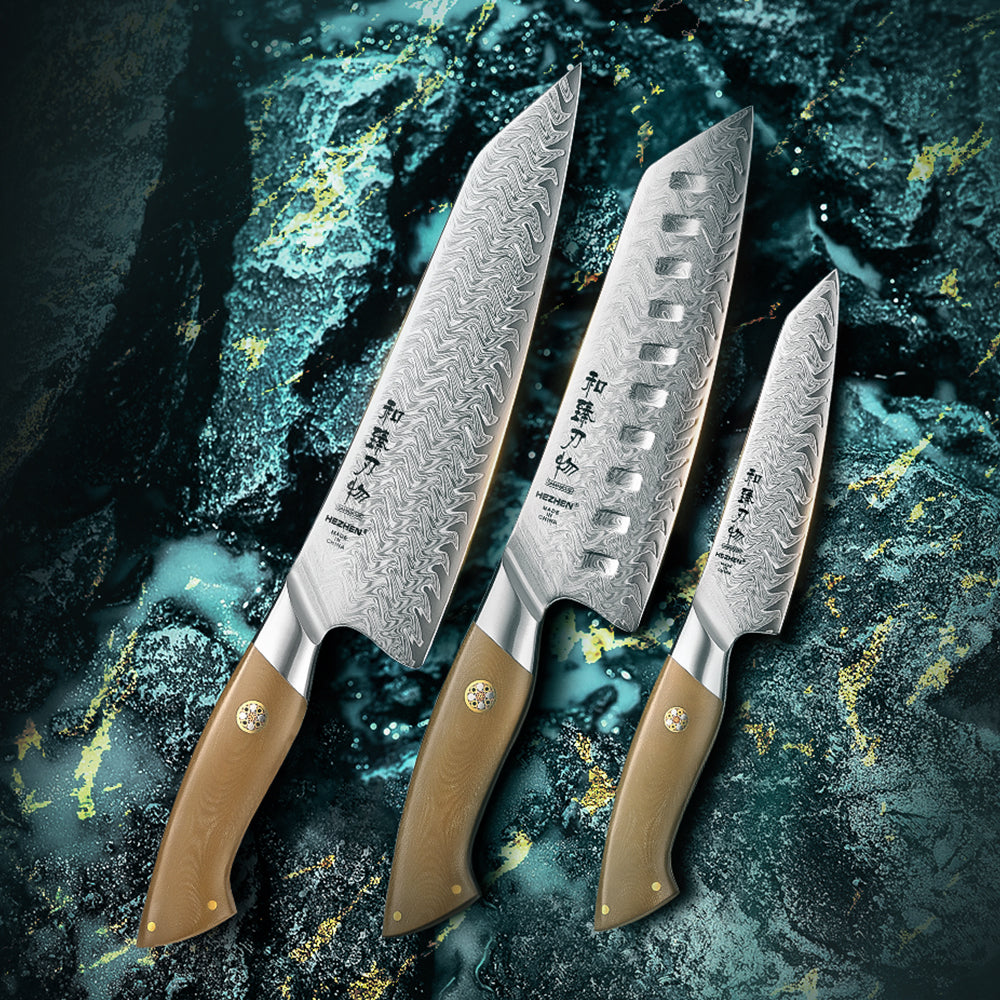HEZHEN 3PCS Damascus Kitchen Knife Collection, Chef + Santoku + Utility Knives, Complete Home Prep Knife Set, 67-Layer Forged Steel & Linen Micarta Handle