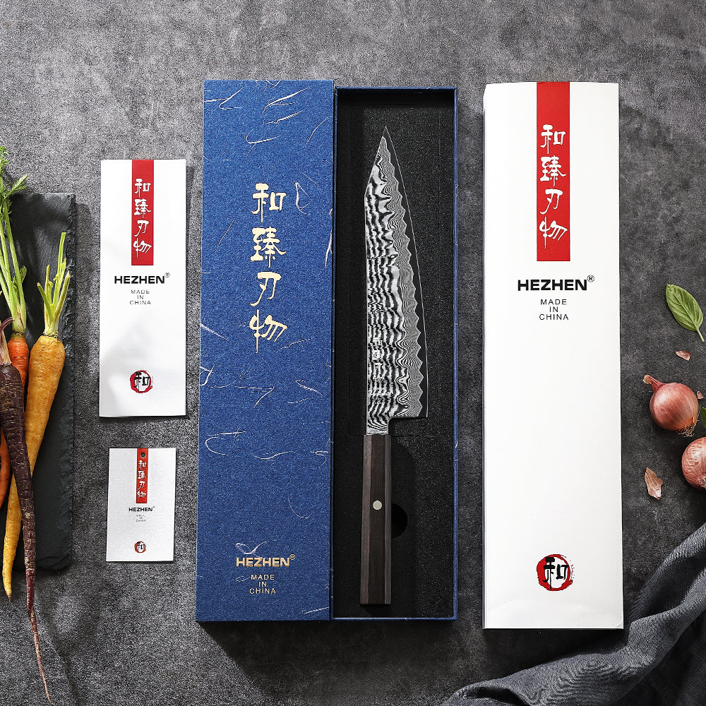 HEZHEN 9.5 Inch  Professional Bunka Knife, 67 Layers Damascus Super Steel, Handcrafted Wave Hammered Pattern