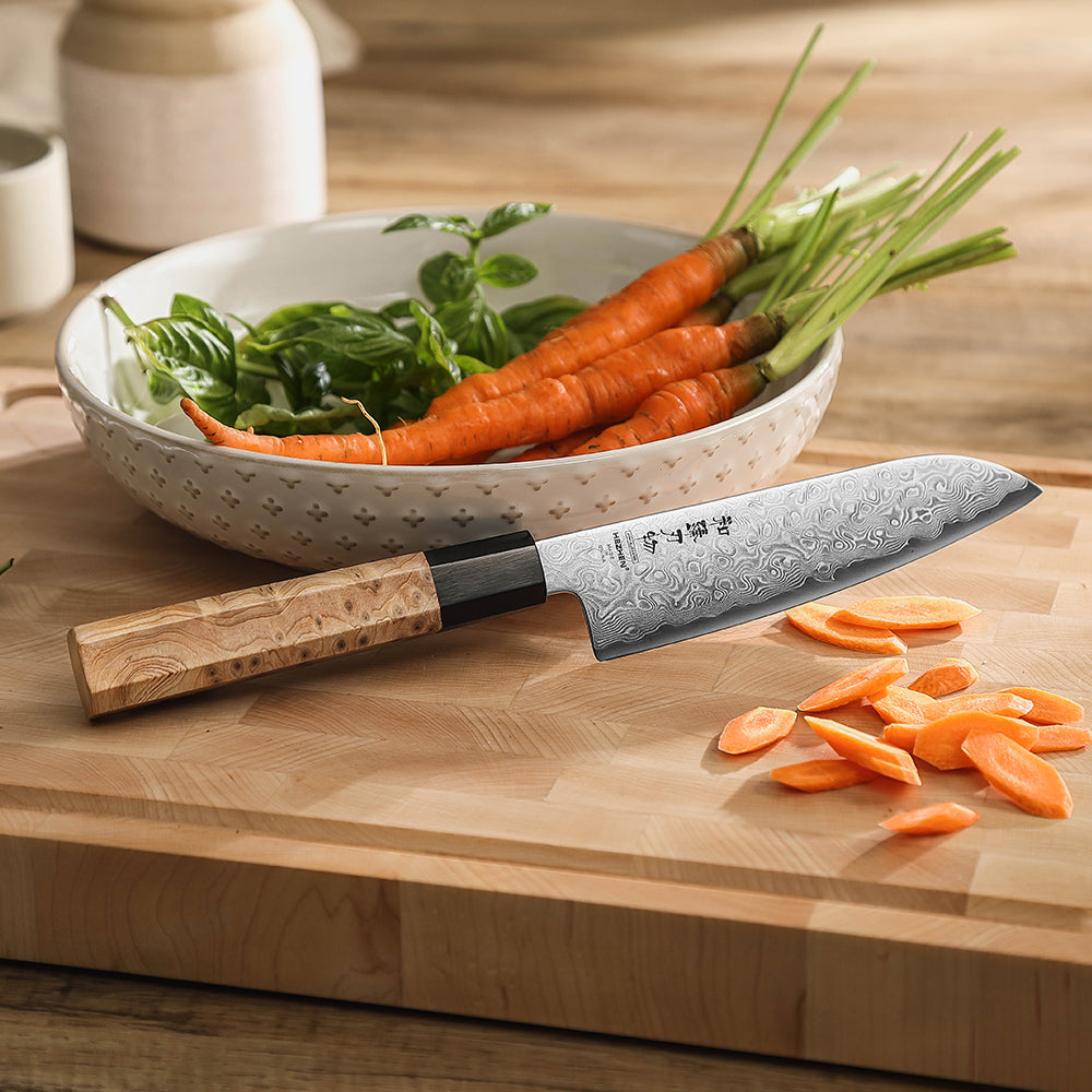 HEZHEN 5.5 Inch Japanese Santoku Knife, Blue Steel No.2 Carbon Steel Core Damascus Blade, Figured Sycamore Wood Handle