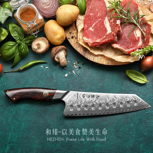 HEZHEN 7 inches 73 Layers Damascus Steel Santoku Knife Elegant Pattern Series