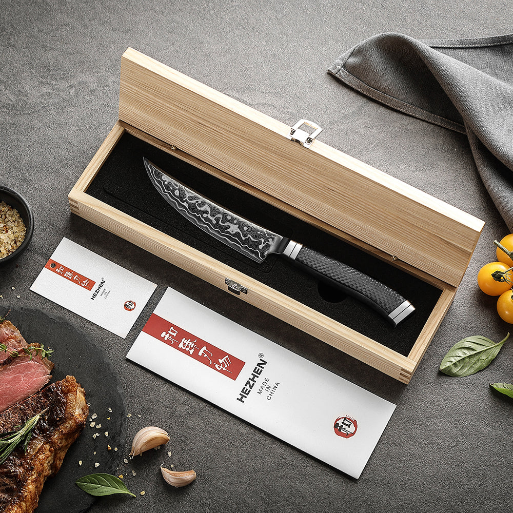 HEZHEN ZhiZhen Series 145-layer Pattern Steel 5.3"Steak Knife,Core Hardness 60±2HRC,Hand-forged Kitchen Knife