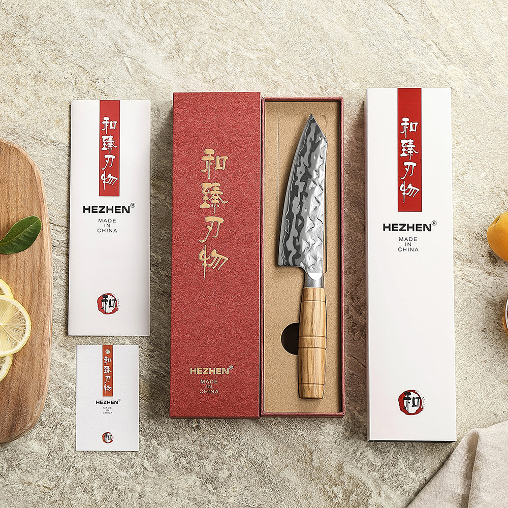 HEZHEN Damascus 5.9" Santoku Kitchen Knife, 9-Layer Forged 12Cr18MoV Steel,All-in-One Cutter for Meat, Fish & Vegetables