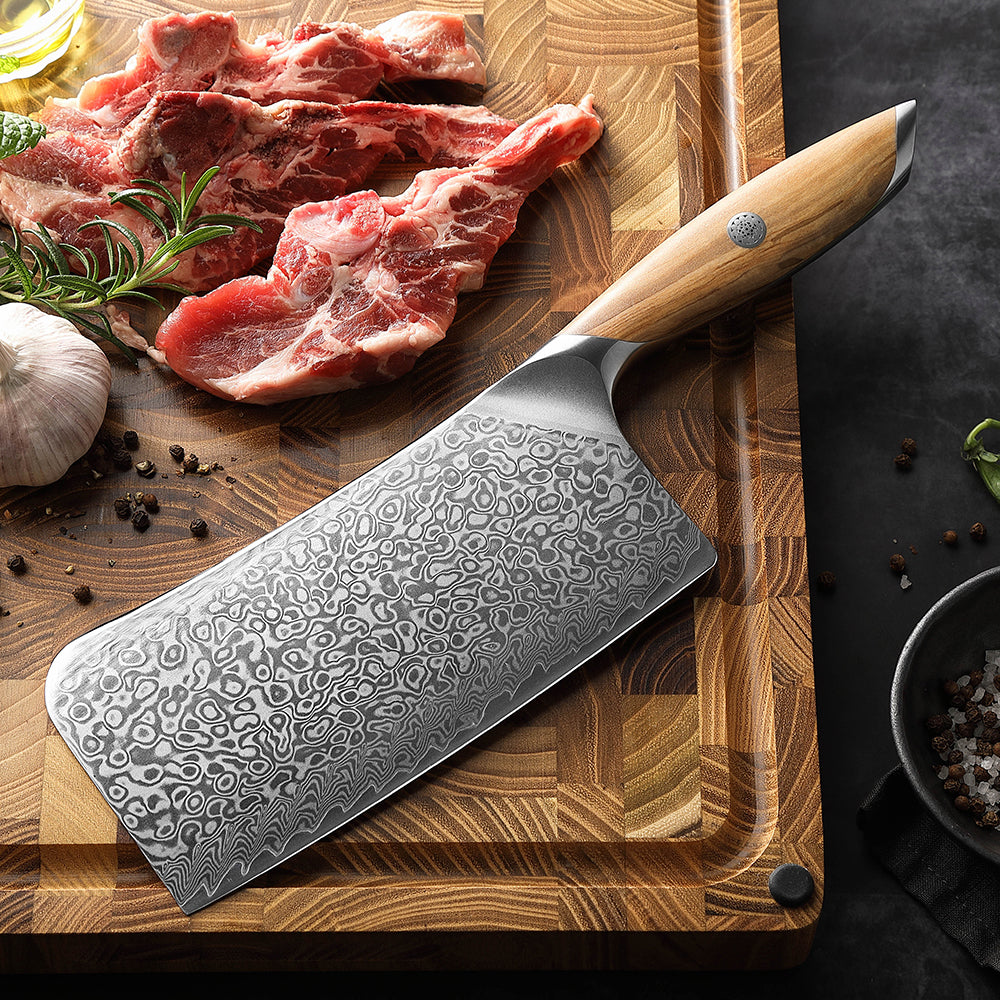HEZHEN 7 Inches Bone Cleaver Knife, 73 Layers Damascus Powder Steel, Olive Wood Handle, Gift Ready-Flagship Series