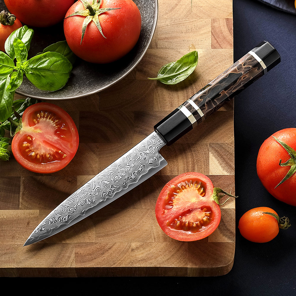 HEZHEN 5.6 Inches Kitchen Utility Knife, 49 Layers Damascus Steel with Japanese ZDP-189 Steel, 65-67 HRC, Japanese Octagonal Handle