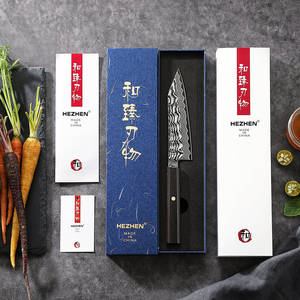 HEZHEN 5.9" Bunka Knife – 67-Layer Damascus Steel Blade,  15° Edge Angle, Versatile Chef Knife for Meat, Vegetables & Fruits