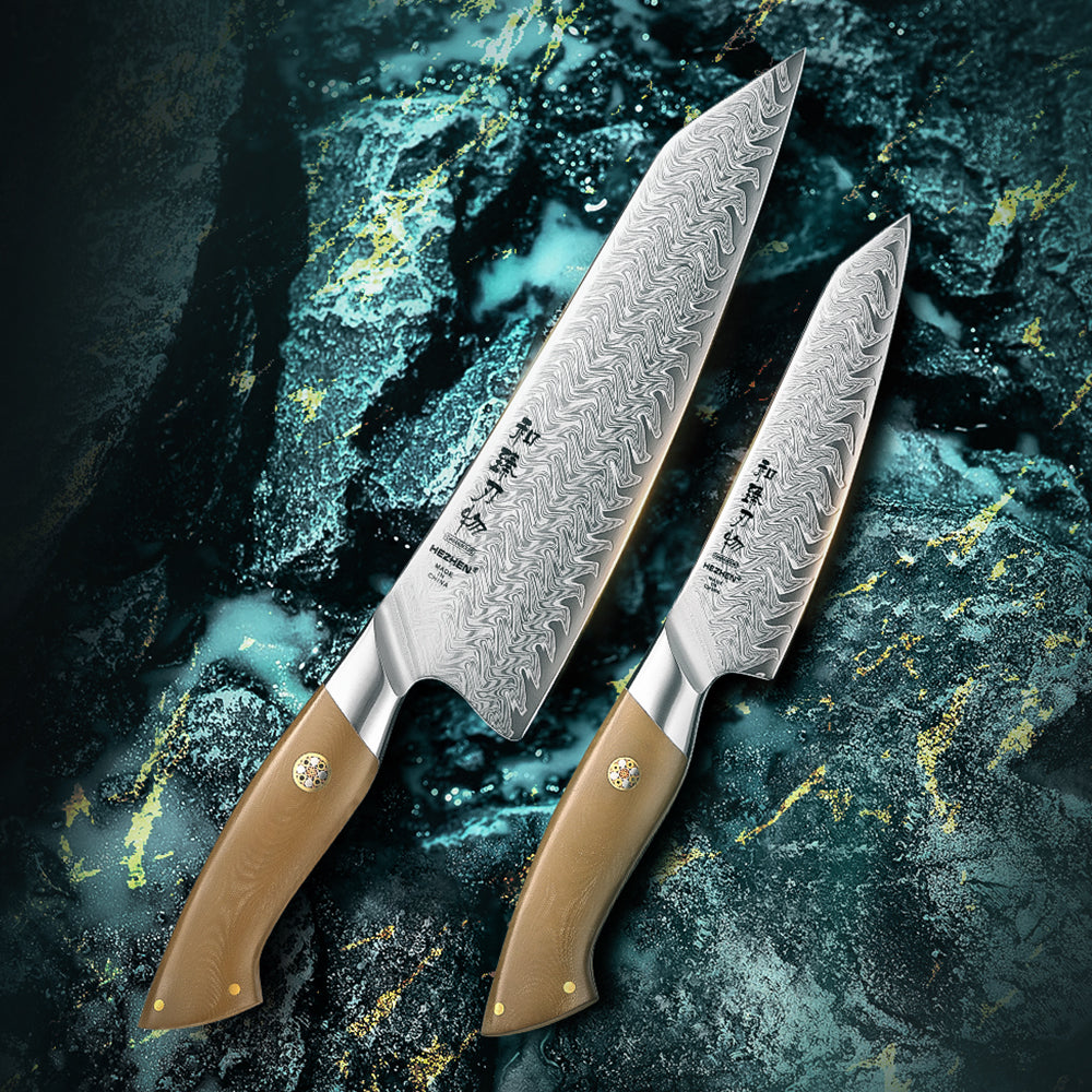 HEZHEN 2 Piece Damascus Kitchen Knife Set, 67-Layer 10Cr15CoMoV Steel Core,Chef Knife & Utility Knife Combo, Linen Micarta Handle for Meat Vegetable Fruit Prep