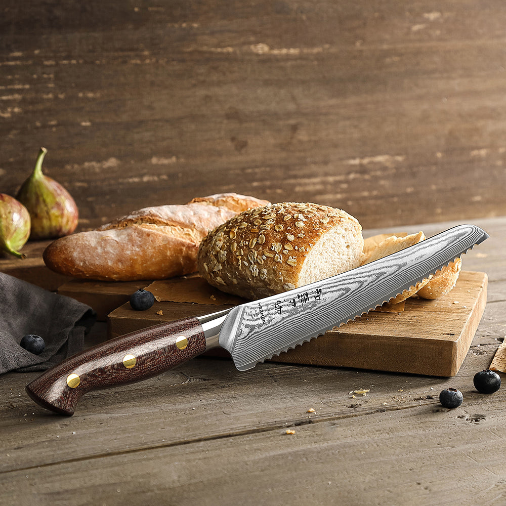 HEZHEN 8.5" 67-Layer Damascus Bread Knife – Core at 60±2HRC, Serrated Edge for Crusty Bread & Cakes, Ergonomic Micarta Handle