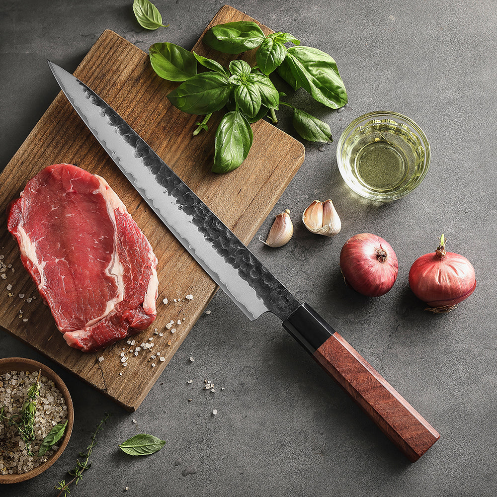 HEZHEN 10 Inches Carving Knife 3 Layers Composite Steel High-hardness Kitchen Knife Red Wood Handle